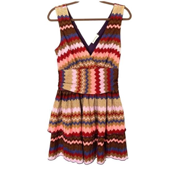 Ramy Brook Laura Knit Zigzag Metallic Tiered Mini Dress V-Neck Medium NEW - Picture 4 of 9